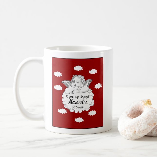 70th Birthday Red Christian Angel Add Name Friend Coffee Mug (With Donut)