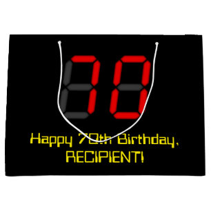 70th Birthday: Red Digital Clock Style "70" + Name Large Gift Bag