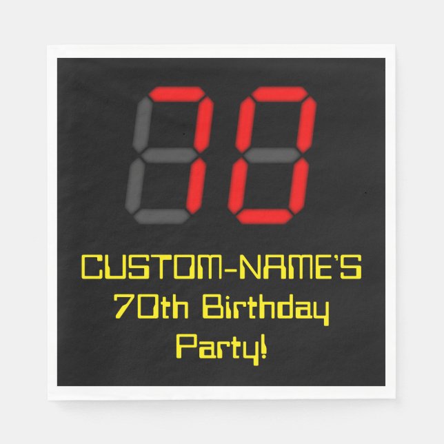 70th Birthday: Red Digital Clock Style "70" + Name Napkin (Front)