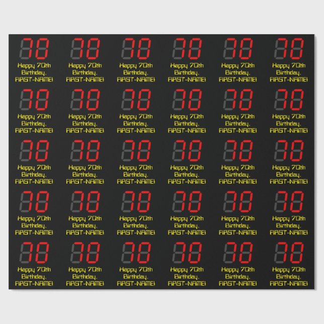 70th Birthday: Red Digital Clock Style "70" + Name Wrapping Paper (Flat)