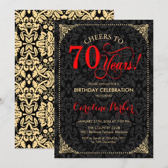 70th Birthday - Red Gold Black Damask Invitation (Front/Back)