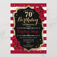 70th Birthday - Red Gold Black White Stripes Roses