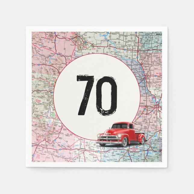 70th Birthday Red Retro Truck on Road Map Napkin (Front)