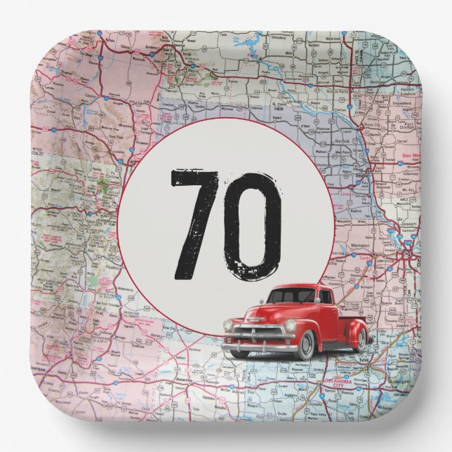 70th Birthday Red Retro Truck on Road Map  Paper Plate (Front)