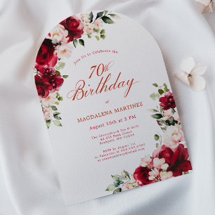 70th Birthday Red Rose Pink Peony Floral Arch Invitation