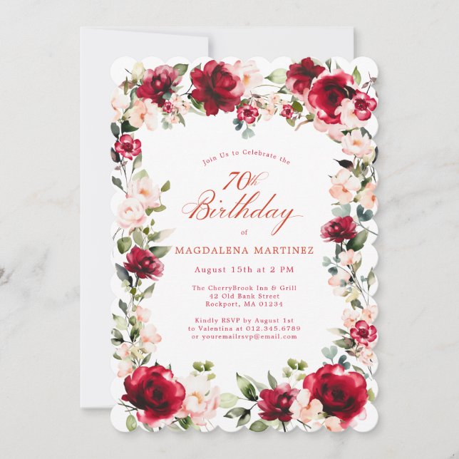 70th Birthday Red Rose Pink Peony Floral Invitation (Front)