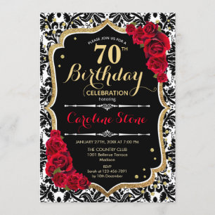 70th Birthday - Red Roses Gold Black Damask Invitation