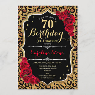 70th Birthday - Red Roses Leopard Print Invitation