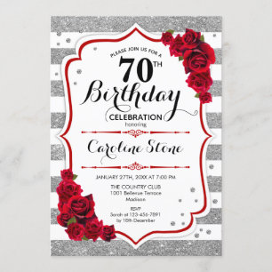 70th Birthday -  Red Silver White Stripes Roses Invitation