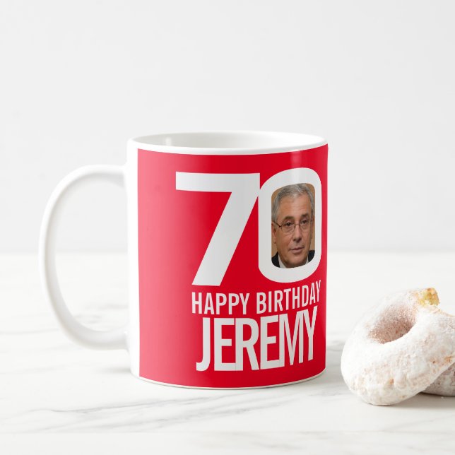 70th birthday red white custom photo name coffee mug (With Donut)
