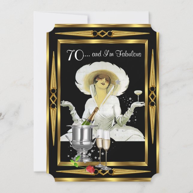 70th Birthday Retro Diva Art Deco Black Gold Invitation (Front)