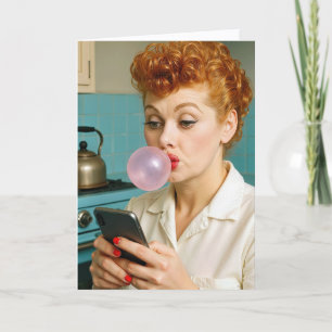 70th Birthday Retro Redhead Woman Texting  Card