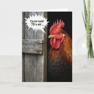 70th Birthday Rooster Peeking Around Barn Door Card