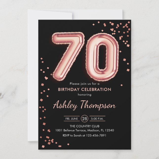 70th Birthday - Rose Gold Balloons Black Invitation (Front)