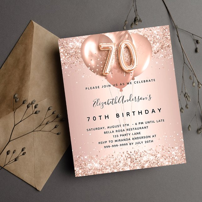 70th birthday rose gold balloons budget invitation flyer (Creator Uploaded)