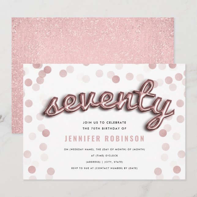 70th Birthday Rose Gold Balloons Glitter Invitation (Front/Back)