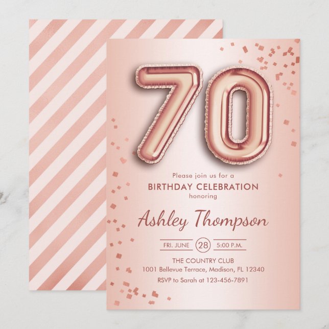 70th Birthday - Rose Gold Balloons Invitation (Front/Back)