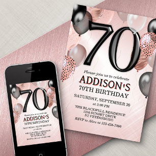 70th Birthday Rose Gold Balloons Invitation