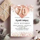 70th birthday rose gold balloons white sparkles invitation postcard<br><div class="desc">For an elegant 70th birthday.  A white background. Decorated with rose gold,  pink faux glitter,  sparkles and balloons.  Personalise and add a name,  and party details. The name is written with a hand lettered style script,  number 70 with balloon style fonts.</div>