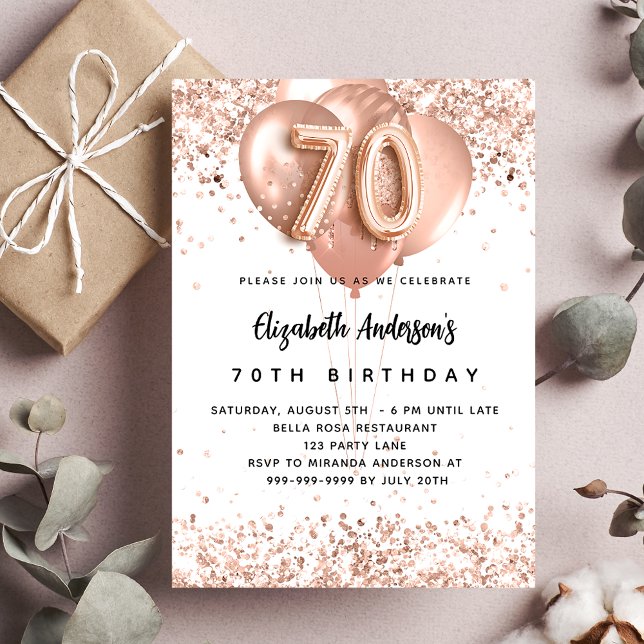 70th birthday rose gold balloons white sparkles invitation postcard (Creator Uploaded)