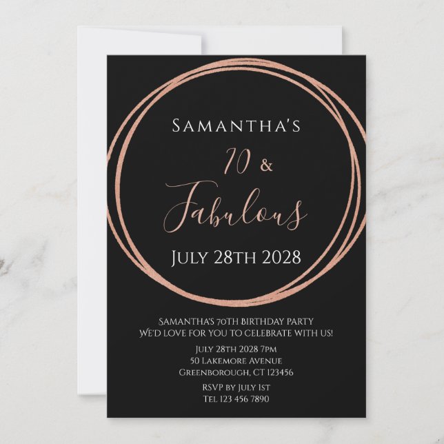 70th Birthday Rose Gold Black Birthday Party Invitation (Front)