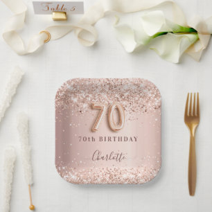 70th birthday rose gold blush glitter name paper plate