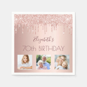 70th birthday rose gold blush glitter photo napkin