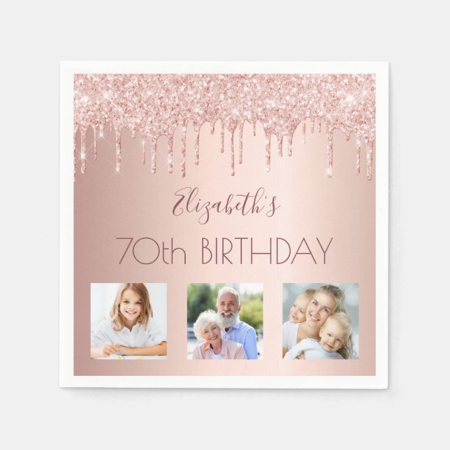 70th birthday rose gold blush glitter photo napkin (Front)