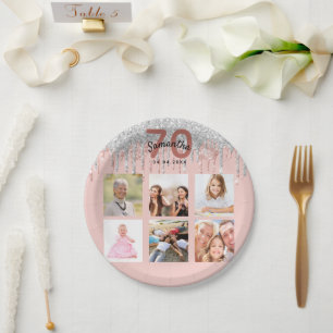 70th birthday rose gold blush silver glitter photo paper plate