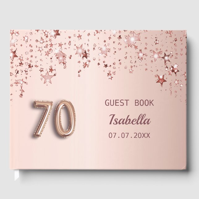 70th birthday rose gold blush stars name guest book (Front)