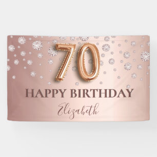 70th birthday rose gold diamonds balloon script banner