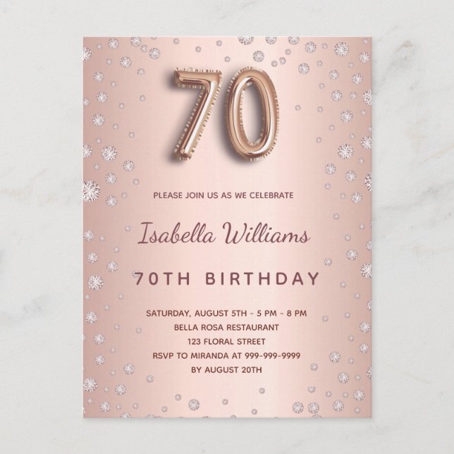 70th birthday rose gold diamons balloon script postcard (Front)