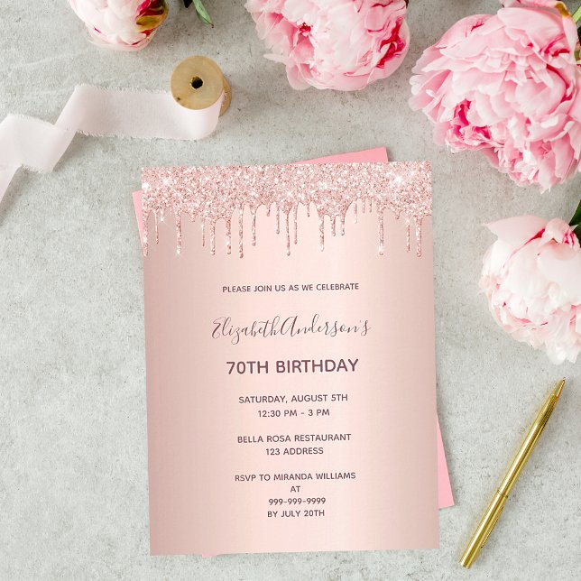 70th birthday rose gold glitter drip invitation postcard (Creator Uploaded)
