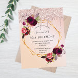 70th Birthday rose gold glitter florals invitation Postcard<br><div class="desc">On front: An invitation for a 70 years old, 70th birthday party. A rose gold, blush pink coloured ombre background with a faux gold geometric frame. Decorated with dark purple and burgundy flowers, roses and boho style feathers. Faux rose gold glitter drips. Templates for a name and party details. The...</div>