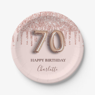 70th birthday rose gold glitter pink balloon style paper plate