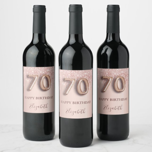 70th birthday rose gold glitter pink balloon style wine label (Bottles)
