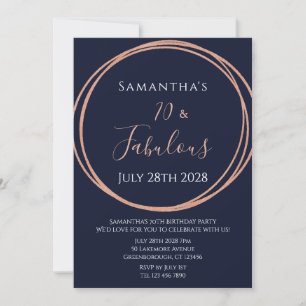 70th Birthday Rose Gold Navy Birthday Party Invitation