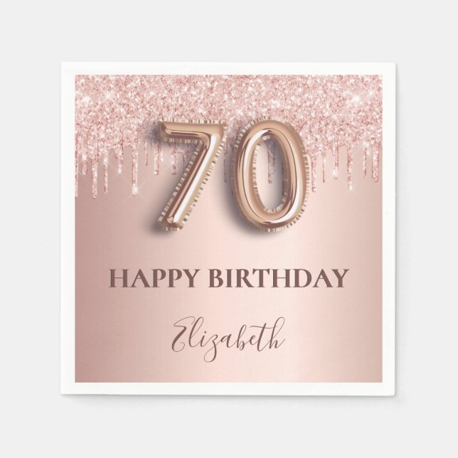 70th birthday rose gold pink drips napkin (Front)