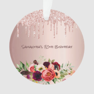 70th birthday rose gold pink florals drips ornament