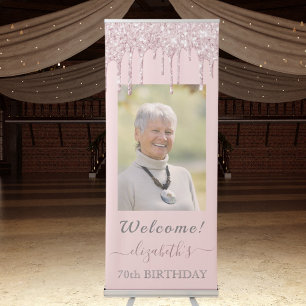 70th birthday rose gold pink glitter drips photo retractable banner