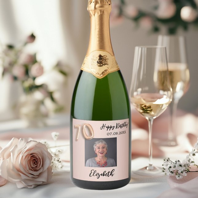 70th Birthday rose gold pink photo Sparkling Wine Label (Creator Uploaded)