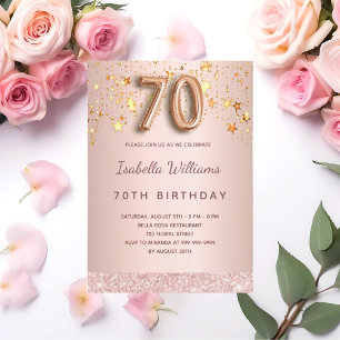 70th birthday rose gold pink stars balloon script invitation