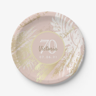 70th birthday rose gold tropical palm tree leaves paper plate