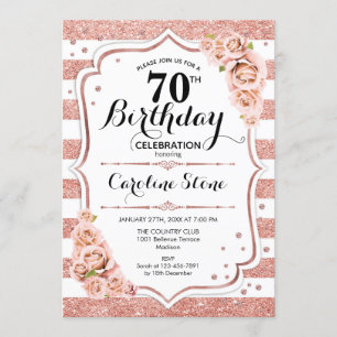 70th Birthday -  Rose Gold White Stripes Invitation