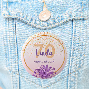70th birthday rose gold with confetti and flowers 6 cm round badge