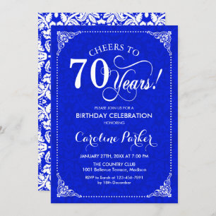 70th Birthday - Royal Blue White Damask Invitation