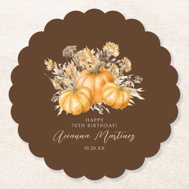 70th Birthday Rustic Boho Pumpkin Fall Custom Paper Coaster (Front)