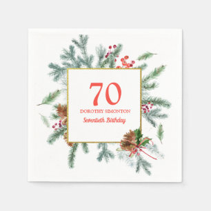 70th Birthday Rustic Winter Greenery Napkin