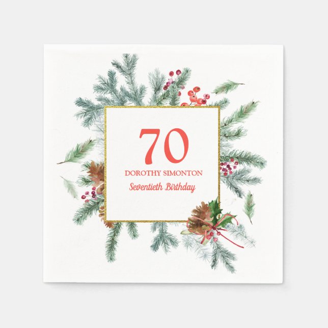 70th Birthday Rustic Winter Greenery Napkin (Front)