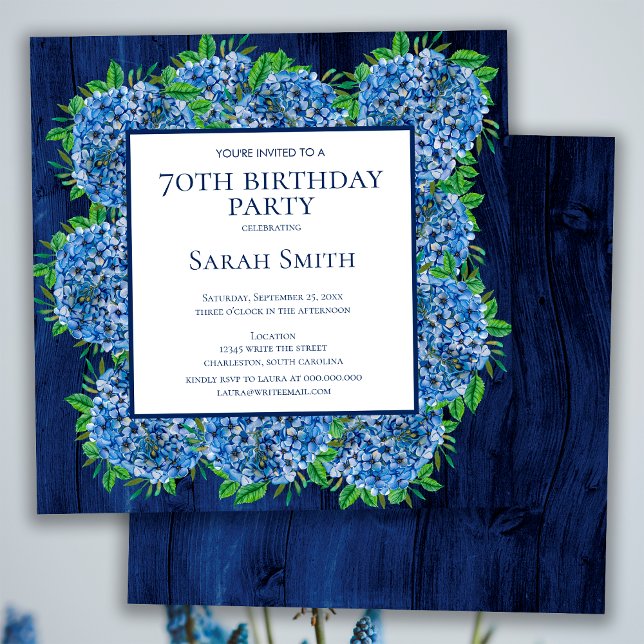 70th Birthday Rustic Wood Blue Hydrangeas Party Invitation (Creator Uploaded)
